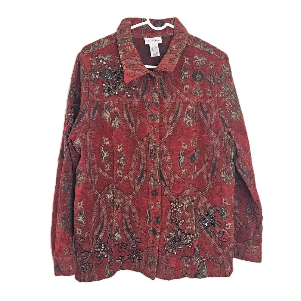 Graff Wear Jacket/Blazer Women's XL Dk Red, Black, Gold Beaded Embroidered